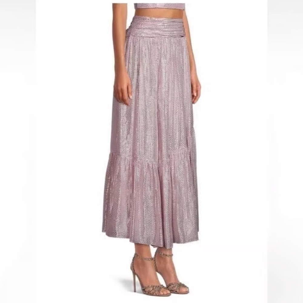 Ramy Brook | Luxe Jessie Pink Shimmer Metallic Split Front Ruffle Maxi Skirt 2 - Picture 11 of 17